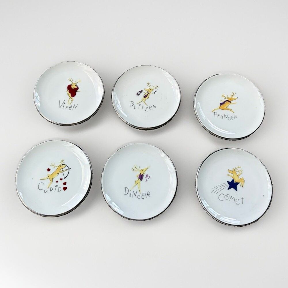 Pottery Barn Reindeer Coaster Plates Set of 6 Silver Rim Christmas Holiday 4”